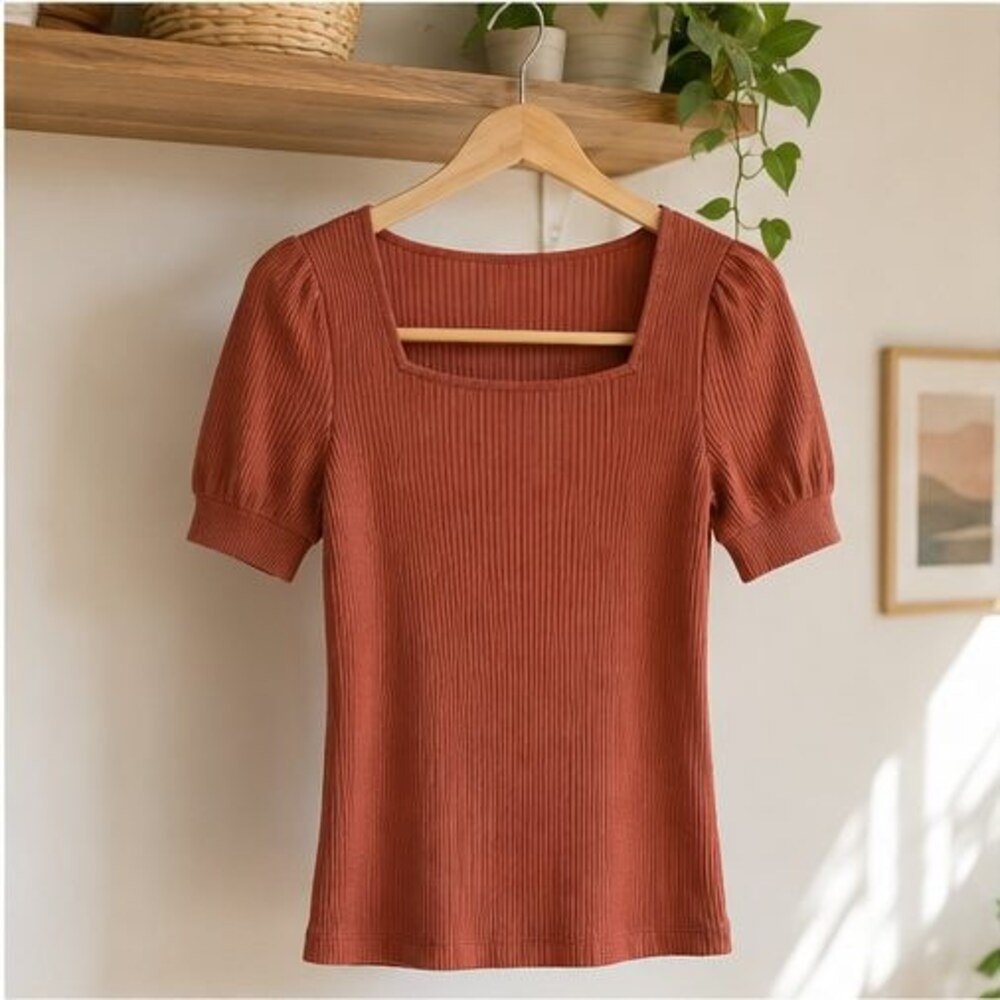Terracotta Ribbed Square Neck Top - Picture 1 of 6